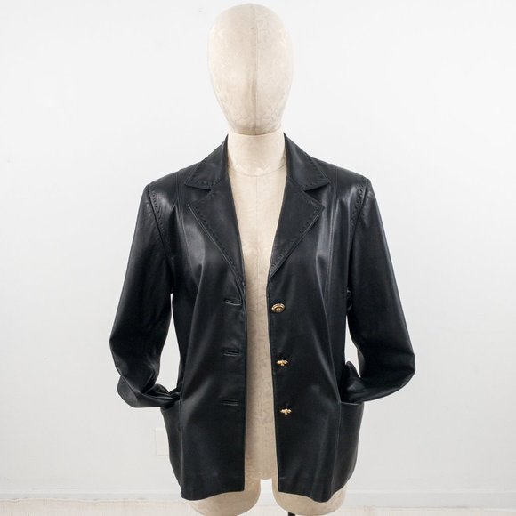 St. John S/M Leather Blazer Jacket Black Vintage - Picture 6 of 12